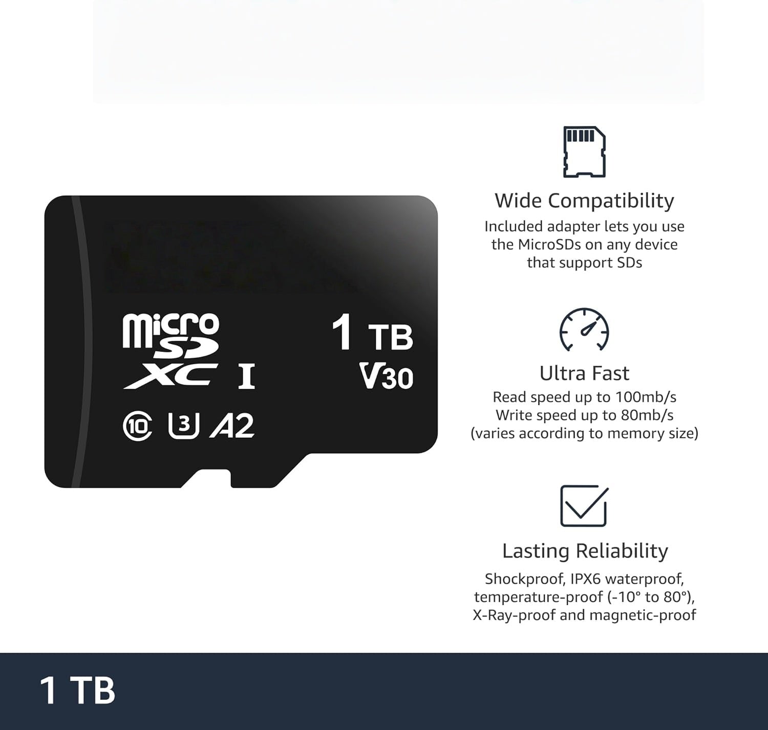 WiiHood MicroSDXC Memory Card with Full Size Adapter, A2, U3, Read Speed up to 100 MB/s, 1 Tb, Black