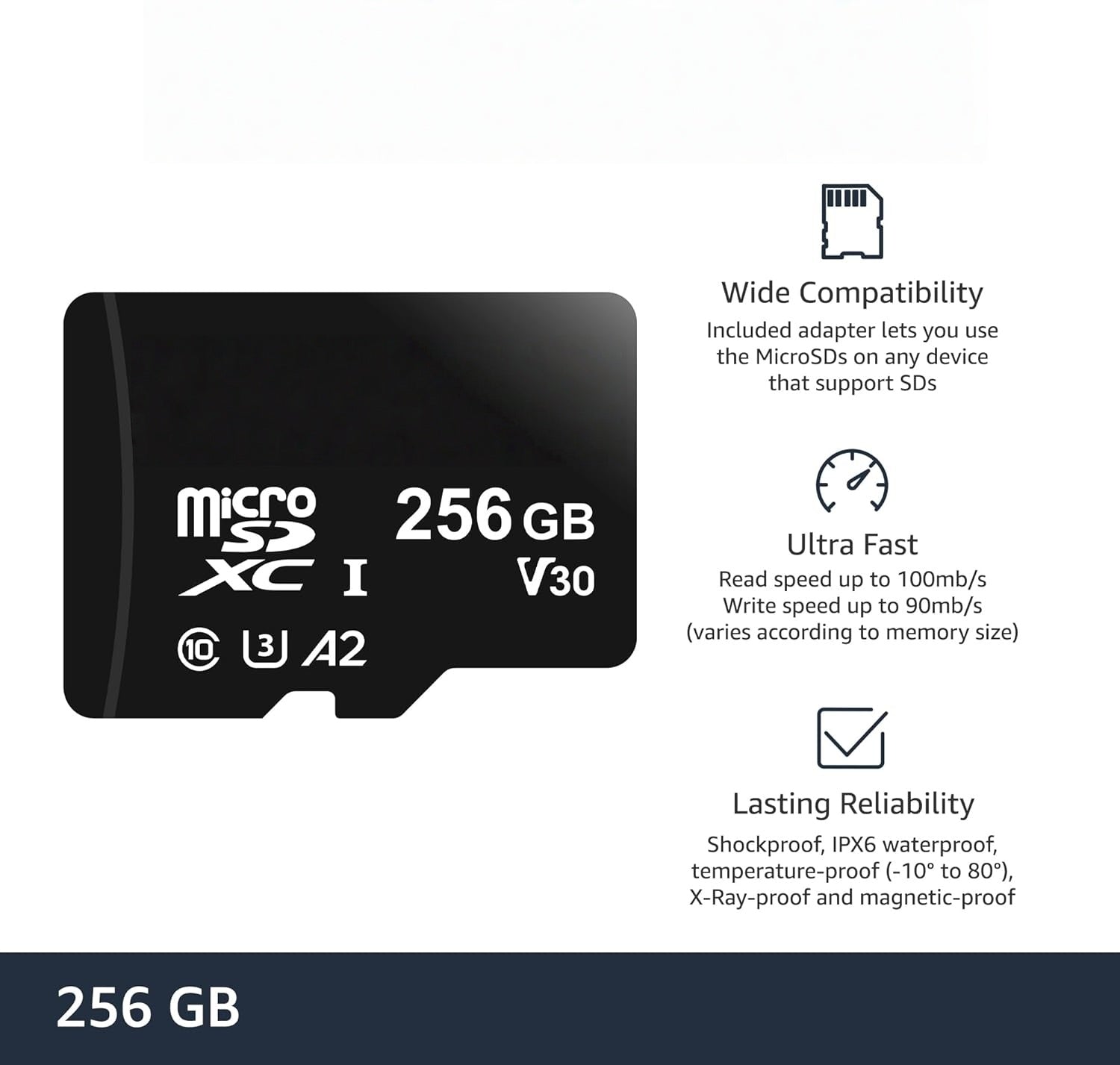 WiiHood microSDXC Memory Card with Full Size Adapter, A2, U3, Read Speed up to 100 MB/s, 256Gb, Black