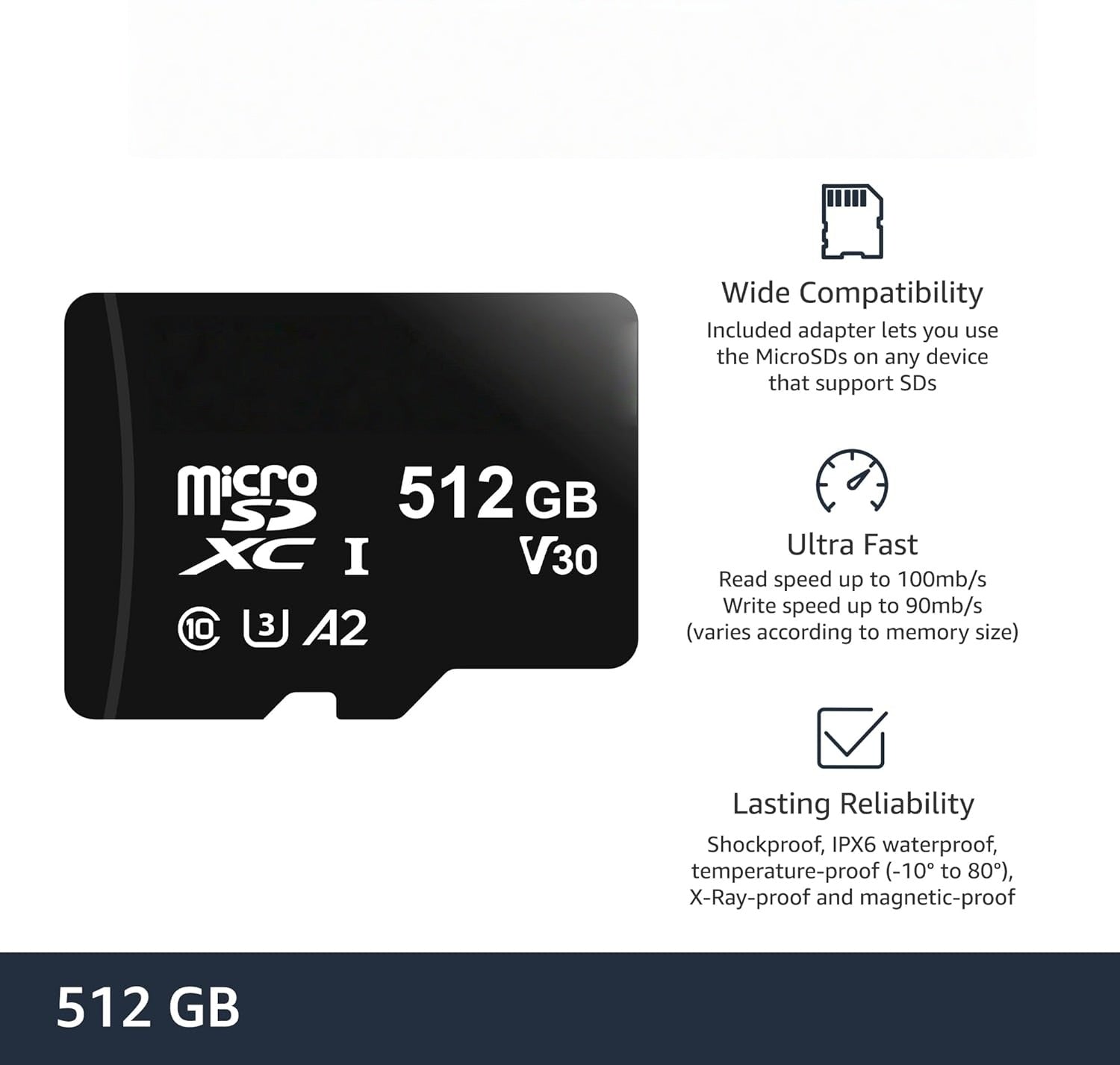 WiiHood microSDXC Memory Card with Full Size Adapter, A2, U3, Read Speed up to 100 MB/s, 512Gb, Black