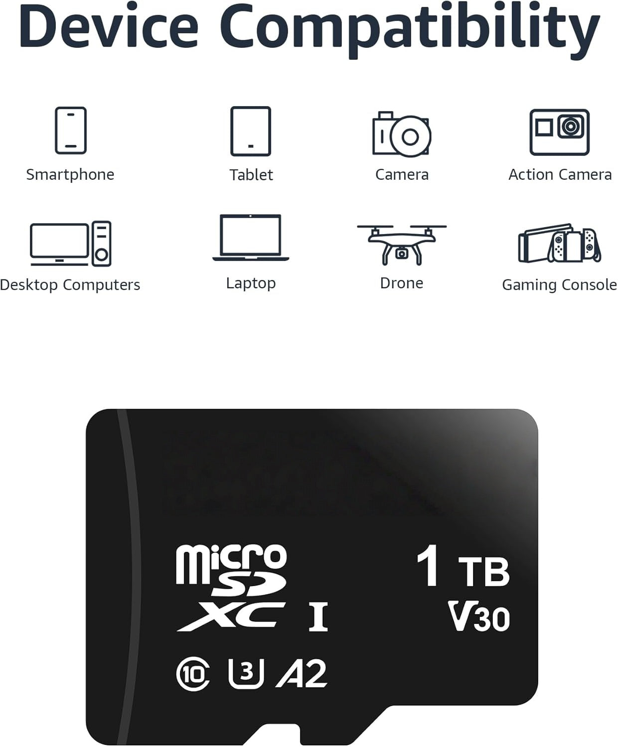 WiiHood MicroSDXC Memory Card with Full Size Adapter, A2, U3, Read Speed up to 100 MB/s, 1 Tb, Black