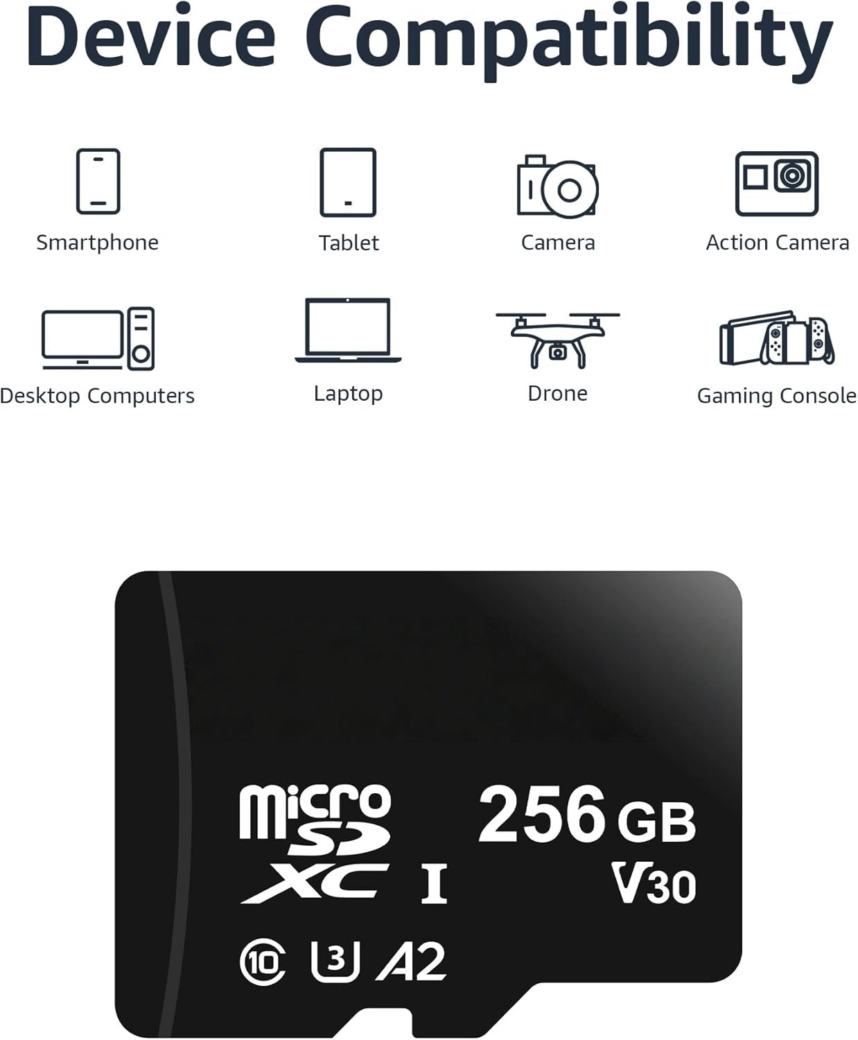 WiiHood microSDXC Memory Card with Full Size Adapter, A2, U3, Read Speed up to 100 MB/s, 256Gb, Black