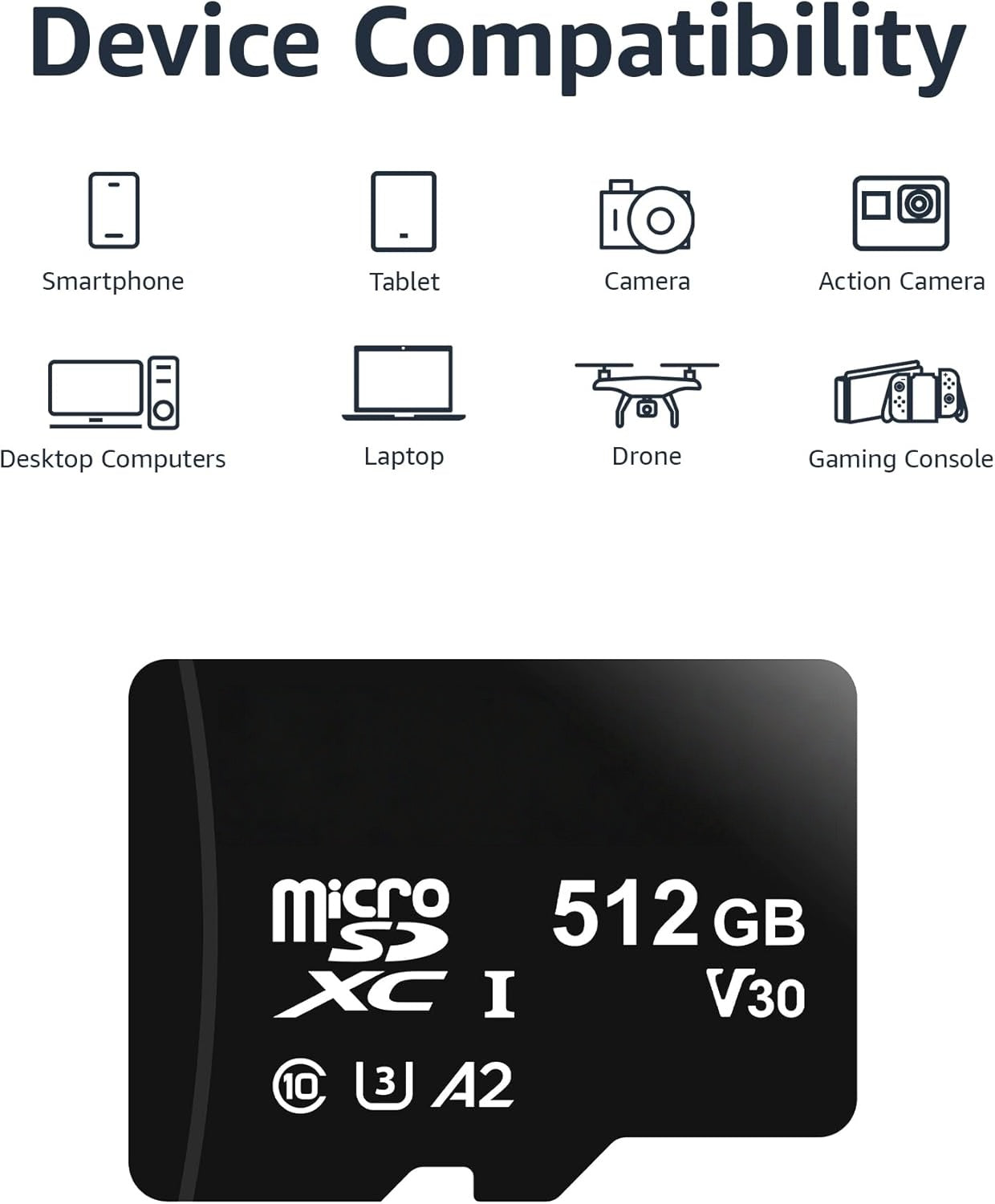 WiiHood microSDXC Memory Card with Full Size Adapter, A2, U3, Read Speed up to 100 MB/s, 512Gb, Black